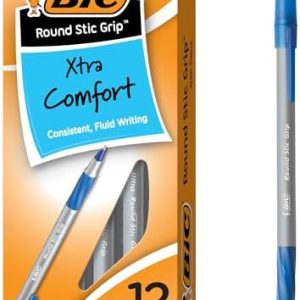 BIC Round Stic Grip Xtra Comfort Blue Ballpoint Pens, Medium Point (1.2mm), 12-Count Pack, Excellent Writing Pens With Soft Grip for Superb Comfort and Control