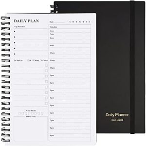 Daily Planner Undated, Asten To Do List Notebook Hourly Schedules Spiral Appointment Planner for Men and Women,PVC Hardcover,Elastic Closure, Inner Pocket 8.3" x 5.8" (Black)