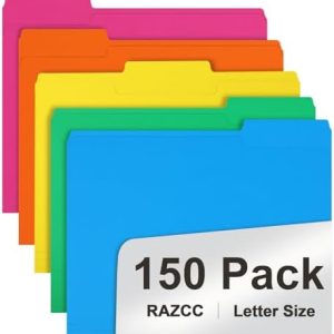 File Folder, RAZCC 150 Pack 1/3 Cut Tab Colored File Folders, File Folder Letter Size for Office Classroom Use, Assorted 5 Colors Folders with Tabs