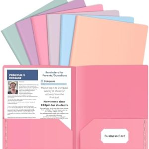 HABGP 6 Pack Colored File Folders with Pockets and Business Card Holder, Pastel Decorative Pocket Folders for Documents, Cute Plastic Folders for Filing Cabinet, School, Office, Resume Portfolio