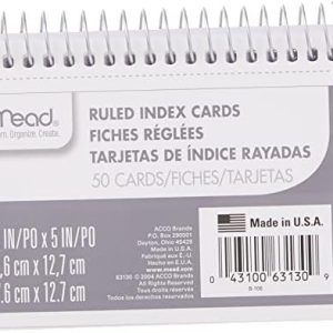 Mead Index Cards, 3" x 5", Ruled Front, Blank Back, 50 Cards, White (63130)