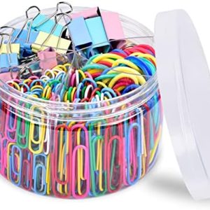Paper Clips, Sopito 300pcs Paperclips Binder Clips Assorted Sizes (S/M/L) and Rubber Bands, Colored Office Supplies Set College School Supplies