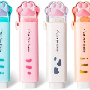 Retractable Pencil Eraser, Cute Erasers,Cat Paw Eraser,Suitable for School Home Office Supplies, 4Pcs (Eraser-BLFC)