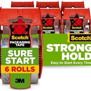 Scotch Sure Start Packing Tape, Clear, Quiet Unwind and Easy Start, 1.88 in. x 22.2 yd., 6 Tape Rolls with Dispensers